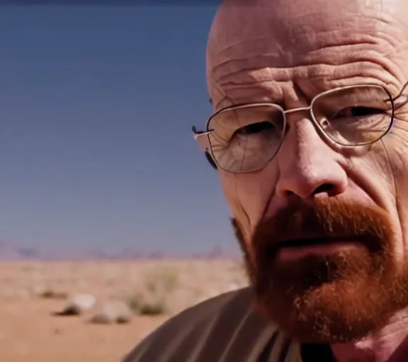 Image similar to walter white rapping in the desert, realistic, movie still, close up