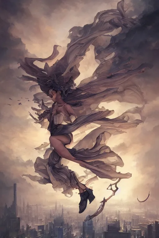 Image similar to detective falling through the sky, city, by peter mohrbacher, artgerm, karol bak, loish, ayami kojima, james stokoe, highly detailed, ultra detailed, ultra realistic, trending on artstation