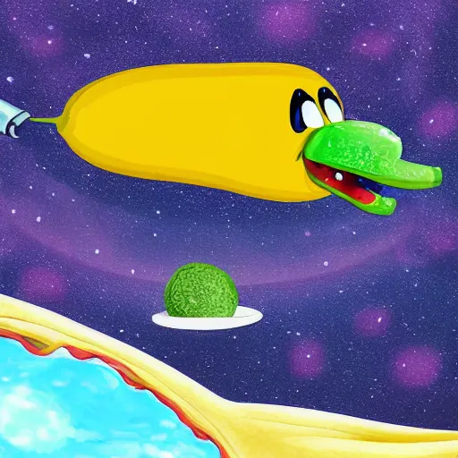 Prompt: Cartoon art of a hungry banana eyes and mouth eating a pickle on remote planet, digital art, realistic,