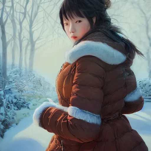 Image similar to the portrait a beautiful grocery young asia woman in down jacket, with a goosethe background is dust earth road ， river winter an snow, illustration by wenjun lin, irakli nadar, bright colors, octopath traveler, wenjun lin, unreal engine 5 highly rendered, global illumination, radiant light, detailed and intricate environment