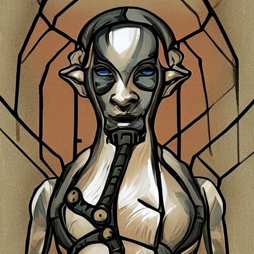 Image similar to an elf with skin made of thick, smooth steel riveted together. the elf's jaw is fastened on with nuts and bolts. digital art in the style of the industrial age.