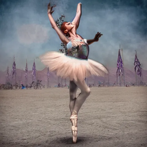 Image similar to burning man ballerina, digital art, post apocalyptic, fantasy