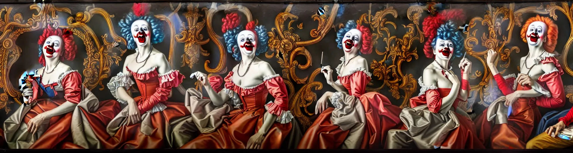 Image similar to a clownish, triumphant, and ultradetailed mural, depicting a hundred unique framed hyperrealist rococo vampire portraits