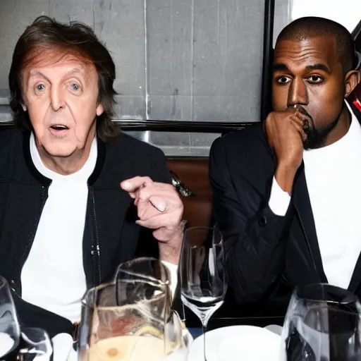 Image similar to Paul McCartney and Kanye West meeting at a restaurant, realistic photo, paparazzi