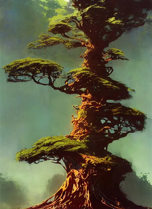 Image similar to giant tree, intricate, elegant, highly detailed, vivid colors, john park, frazetta, sparth, ruan jia, jeffrey catherine jones