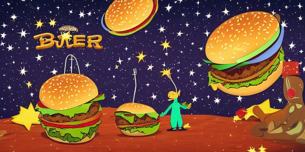 Image similar to a dream of time gone by, where I was eating burgers and not so hungry, realistic, out of this world, alien, sleepy, on a mini world, the little prince from outer space, colorful, gangly, dream, vial of stars, metallic, satisfying render, tiny people devouring food, the happiest moment, joy