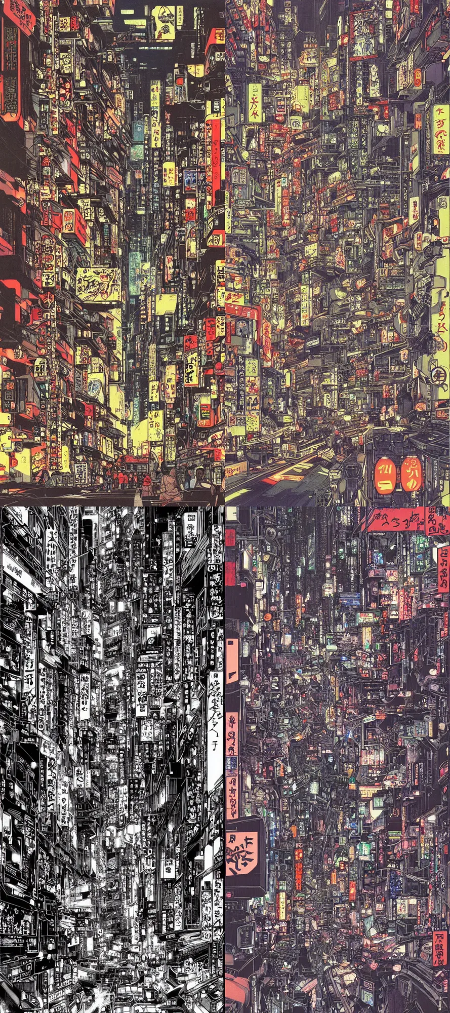 Prompt: beautiful hypercomplex anime drawing of an AKIRA-like cyberpunk city landscape, japan at night, 1980s, by Katsuhiro Otomo, wide angle, grand
