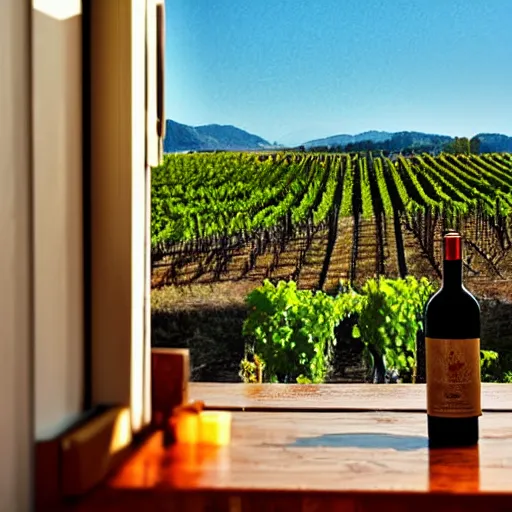 Image similar to wine bottle sitting on window sill with a view of beautiful vineyard