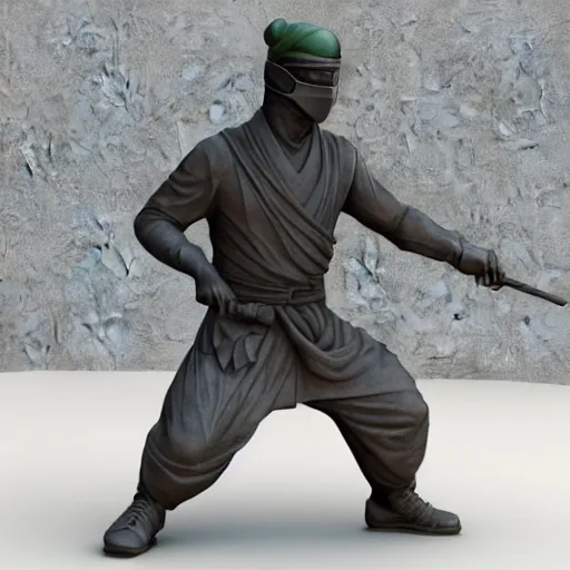 Image similar to 3 d rendering of marble statue of ninja wearing full face mask and hunter hat, combat suit, technological, all marble