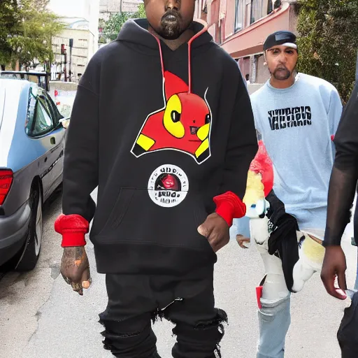 Prompt: kanye west in a pikachu hoody