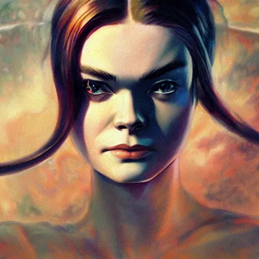 Image similar to ultra realistic medium shot portrait painting of elle fanning in metroid, art by frank frazetta, 4 k, ultra realistic, highly detailed, epic lighting