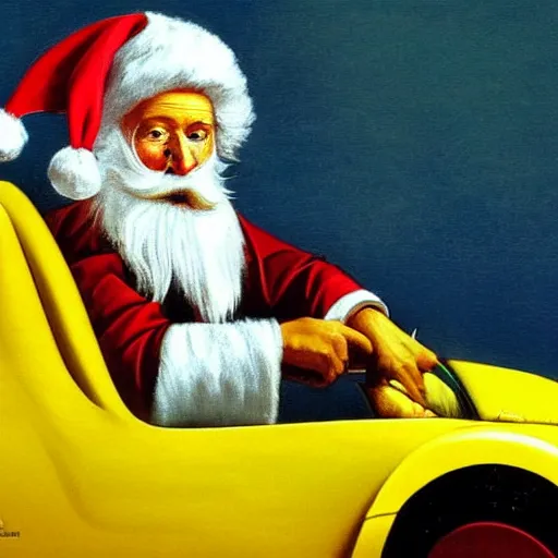 Prompt: Father Christmas driving a yellow sports car Painted by Caravaggio