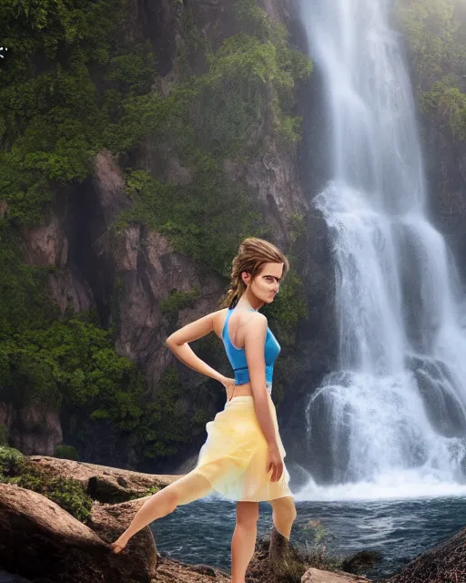 Image similar to a photo of emma watson standing in a yoga pose wearing short translucent skirt and translucent top standing underneath a waterfall, natural light :: trending on artstation, morning, photoreal, ue5