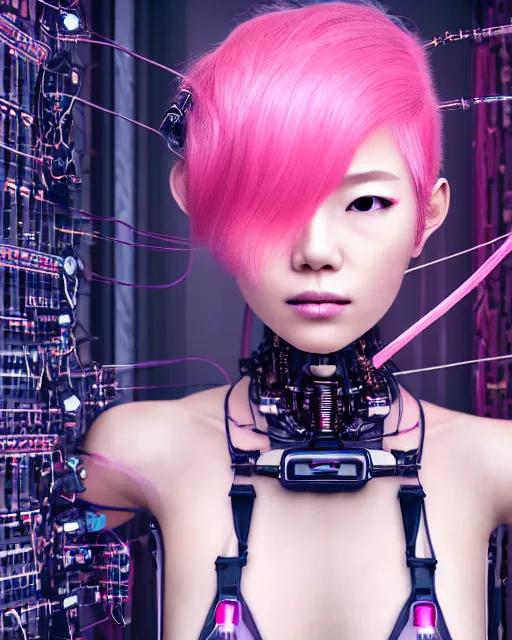 Prompt: portrait of a beautiful japanese woman with pink hair as a cyberpunk cyborg half robot, revealing wires and electronics, hooked - up, sci - fi, missing panels, intricate abstract upper body intricate artwork, concept art, octane render, deviantart, cinematic, key art, hyperrealism, iridescent accents, portrait photograph, nikon 3 5 mm, photograph by greg rutkowski