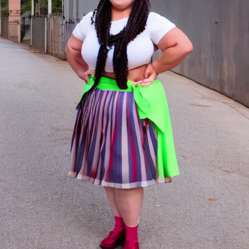 Prompt: plump woman wearing skirt and bandana taking a photograph with a studio camera on the sidewalk outdoors