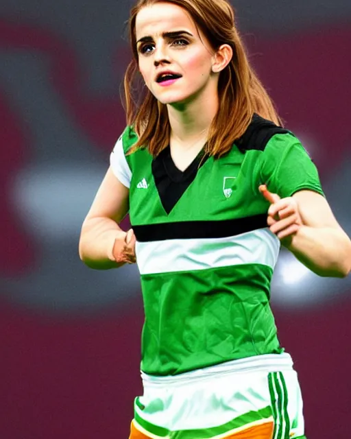 Image similar to a portrait of emma watson as a lokomotiv football player, hyper realistic