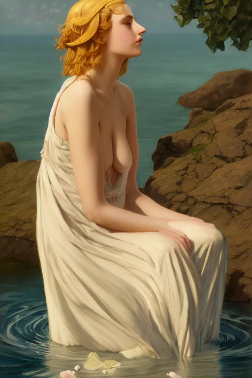 Image similar to a beautiful annie leonhart wearing a dress emerging from the water, oil on canvas, sensuality, artstation, by j. c. leyendecker and edmund blair leighton and charlie bowater, shot on sony a 7 iii