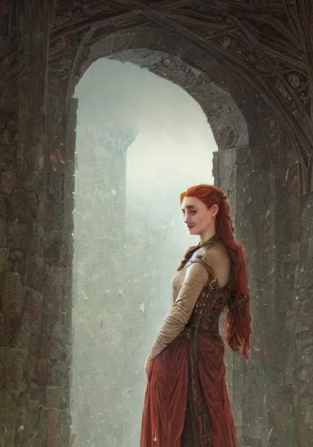 Image similar to portrait of sansa stark in foggy ruins of castle, autumn, intricate, elegant, highly detailed, digital painting, artstation, concept art, smooth, sharp focus, illustration, art by artgerm and greg rutkowski and alphonse mucha and william - adolphe bouguereau