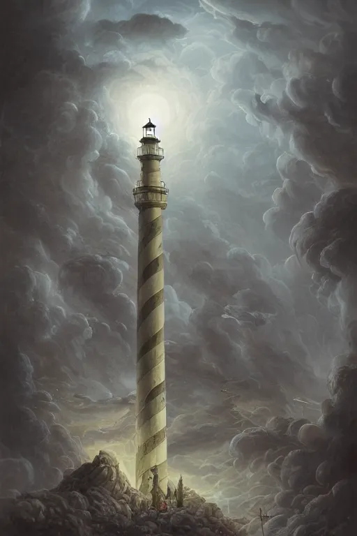 Prompt: Detailed Exterior Shot of Stormy!!! Lighthouse of Alexandria, light of sin, moonlight shafts, flock of birds, night atmosphere, in Style of Peter Mohrbacher, cinematic lighting