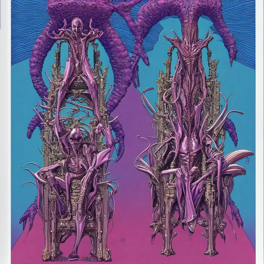 Prompt: ( ( ( ( an alien king sitting on a throne, decorative frame design ) ) ) ) by mœbius!!!!!!!!!!!!!!!!!!!!!!!!!!!, overdetailed art, colorful, artistic record jacket