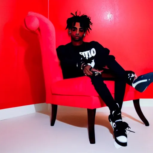 Image similar to playboi carti sitting in a chair in a completely red room