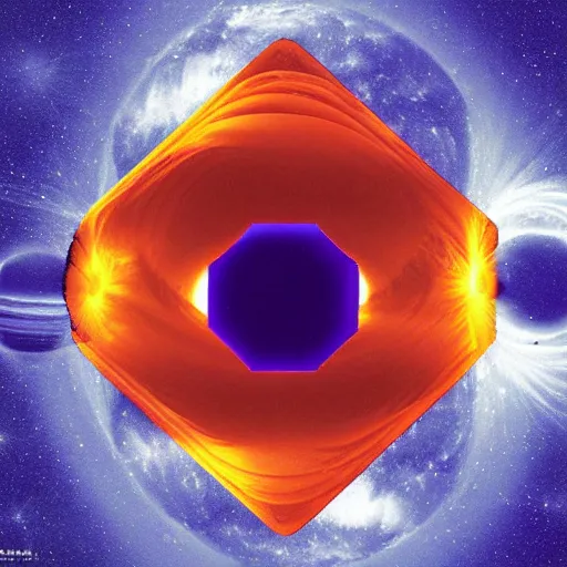 Image similar to hexagon sun shields floating above earth, solar eclipse, retro space art