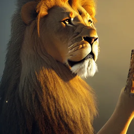 Image similar to a lion smoking a cigar, dramatic lighting, cinematic, establishing shot, extremely high detail, foto realistic, cinematic lighting, post processed, concept art, high details, cinematic, 8k resolution, beautiful detailed, photorealistic, digital painting, artstation, concept art, smooth, sharp focus, artstation trending, octane render, unreal engine