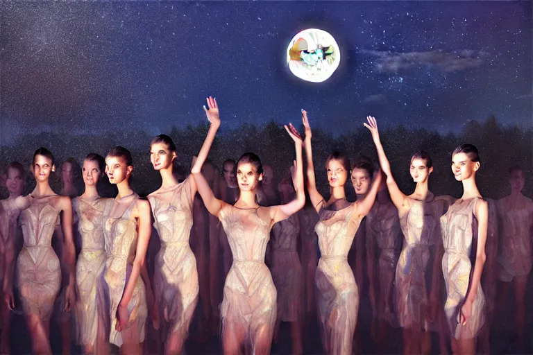 Prompt: 3 d, close - up, night, group of fashion models standing in a night lake with their hands raised to the bright moon, moon ryas, vogue cover style, intricate oil painting, high detail, figurative art, multiple exposure, poster art, 3 d, by stanley kubrick and tooth wu and wlop and beeple