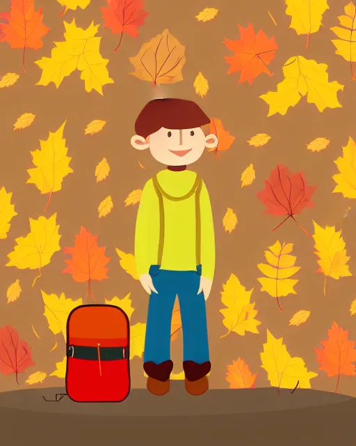 Image similar to autumn hillside boy with camping bag illustration light color