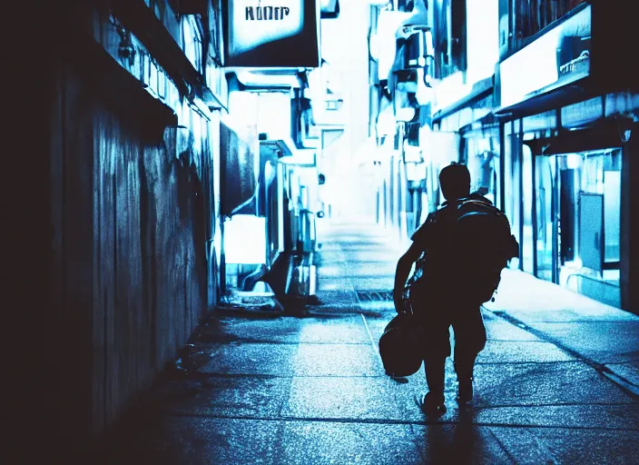 Image similar to photography of a Cat carrying a backpack . in a cyberpunk street. award winning photo, led lighting, night, 24mm, sharp, high res