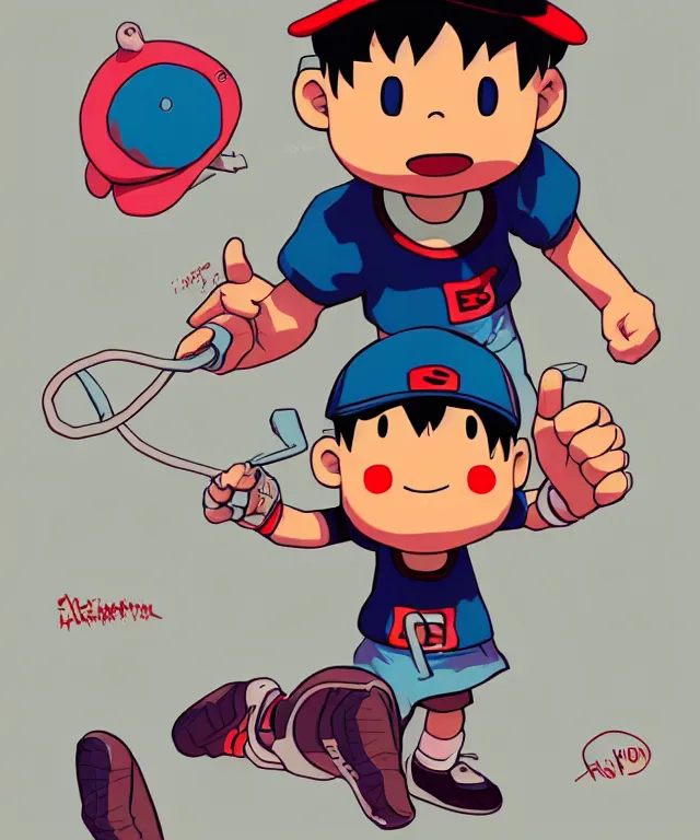 Image similar to ness from earthbound in the art style of josan gonzalez, crisp 8 k line art, digital painting, artstation, concept art, matte, sharp focus, hyper realistic lighting, illustration