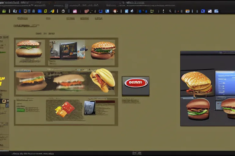 Image similar to hamburger themed gnu / linux desktop environment, linux mint, in 1 9 9 5, y 2 k cybercore, desktop screenshot