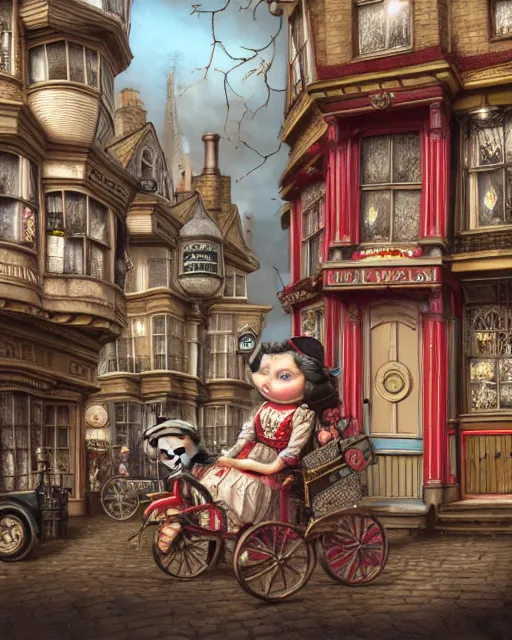 Prompt: highly detailed closeup, portrait of a tin toy victorian london streets, hyper realistic, artstation, illustration, nicoletta ceccoli, mark ryden, lostfish, dan decarlo, bob clampett, max fleischer, digital paint, matte paint, vivid colors, detailed and intricate environment