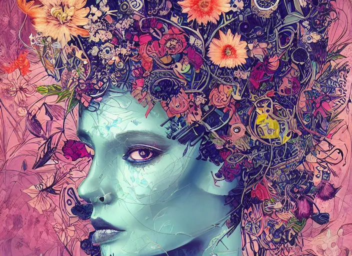 Image similar to a painting of a beautiful cyborg girl with a lot of flowers, blueberries and exotic plants on its head, poster art by android jones, behance contest winner, generative line art, made of flowers, grotesque, concert poster