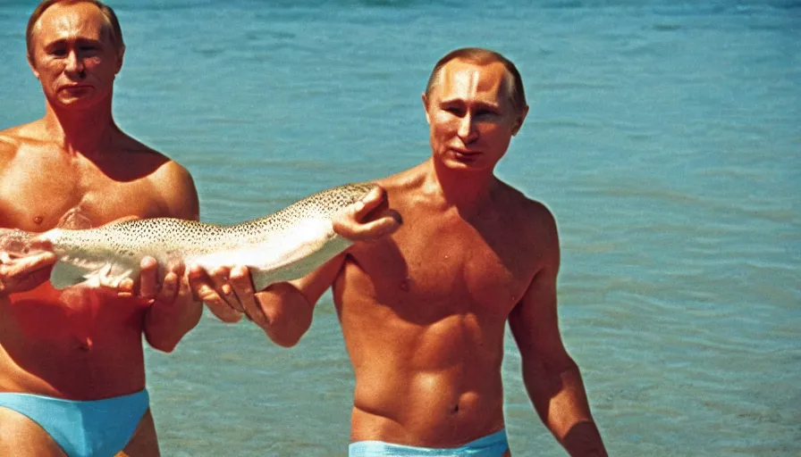 Image similar to 7 0 s movie still of putin in speedo, proudly holding a salmon, focus on eyes. cinestill 8 0 0 t _ 3 5 mm eastmancolor, heavy grain, high quality, high detail