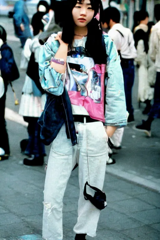 Prompt: a 1 9 9 0 s street fashion photograph of a young japanese woman in 9 0 s fashion!!!, in bubble era tokyo ueno, shot on cinestill 5 0 d with a canon 8 5 mm at f / 5. 6 lens, print magazine quality!!, very photorealistic!!, nineties nostalgia!!!, 4 k