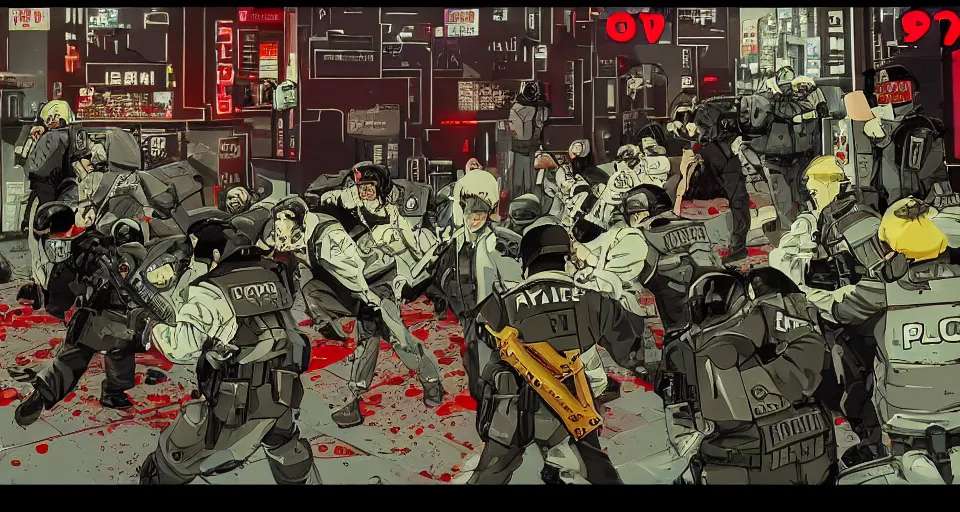 Prompt: 1993 Video Game Screenshot for Anime Neo-tokyo Cyborg bank robbers vs police, Set inside of the Bank, Open Bank Vault, Multiplayer set-piece Ambush, Tactical Squads :10, Police officers under heavy fire, Gunshots, Bullet Holes and Anime Blood Splatter, :10 Gas Grenades, Riot Shields, Chaos, Akira Anime Cyberpunk, Anime Machine Gun Fire, Sakuga MAD Gunplay, Shootout, :14 Vibrant 80s Anime Style Created by Katsuhiro Otomo: 20