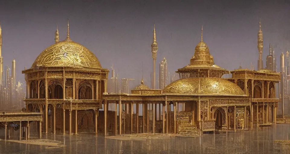 Image similar to a futuristic cyberpunk golden palace with arabian architecture by Lee Madgwick