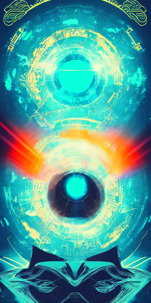 Prompt: science fiction magazine cover titled a dreamland of chinese, geometry and astrology, stunning atmosphere, nanotech demonic monster horror, gradient of teal and orange, game, movie concept art, full color manga cover, symmetrical, simple color palet