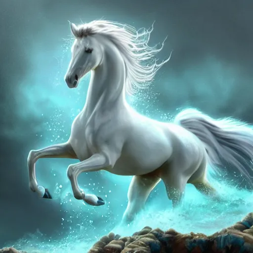 Image similar to a fantastical transparent small turquoise spirit horse made of water and foam and algae, splashing water, wave, translucent, ethereal, noble, radiant, hyperalism, scottish folklore, digital painting, artstation, concept art, smooth, 8 k frostbite 3 engine, ultra detailed, art by artgerm and greg rutkowski and magali villeneuve