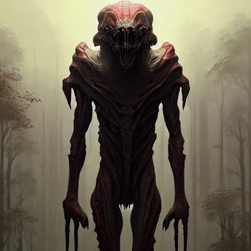 Image similar to professional ominous concept art of a predatory alien by artgerm and greg rutkowski ( thin white border ). an intricate, elegant, highly detailed digital painting, concept art, smooth, sharp focus, illustration, in the style of simon stalenhag wayne barlowe, igor kieryluk.