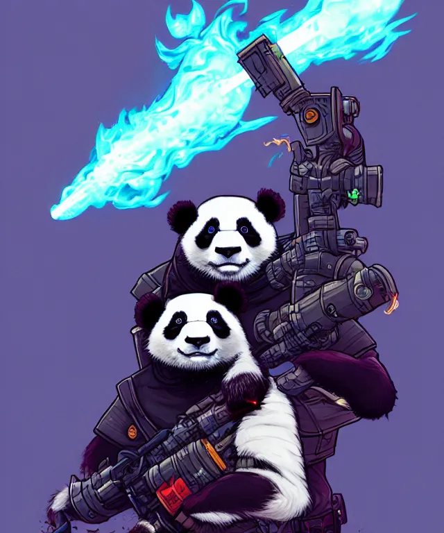 Image similar to a portrait of a cyberpunk panda holding a flamethrower, fantasy, elegant, digital painting, artstation, concept art, matte, sharp focus, illustration, art by josan gonzalez