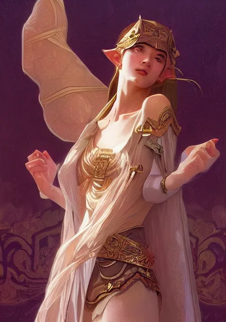 Image similar to zelda triforce princess, dance, intricate, elegant, highly detailed, digital painting, artstation, concept art, smooth, sharp focus, illustration, art by artgerm and greg rutkowski and alphonse mucha and william - adolphe bouguereau