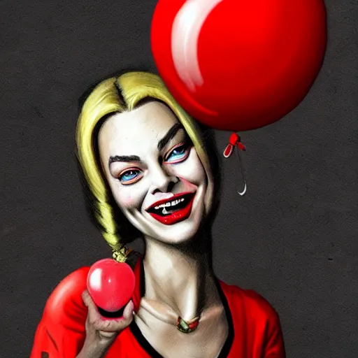 Prompt: surrealism grunge cartoon portrait sketch of margot robbie with a wide smile and a red balloon by - michael karcz, loony toons style, horror theme, detailed, elegant, intricate