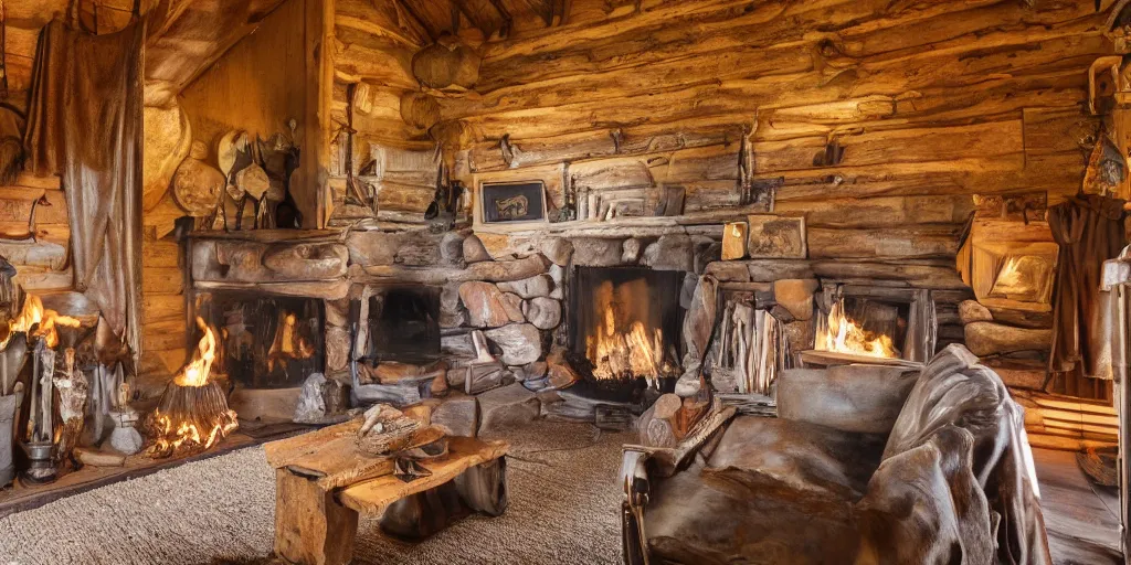 Prompt: in an old west cabin, a rugged cowboy stands at his fireplace, in the style of Fredrick Remington