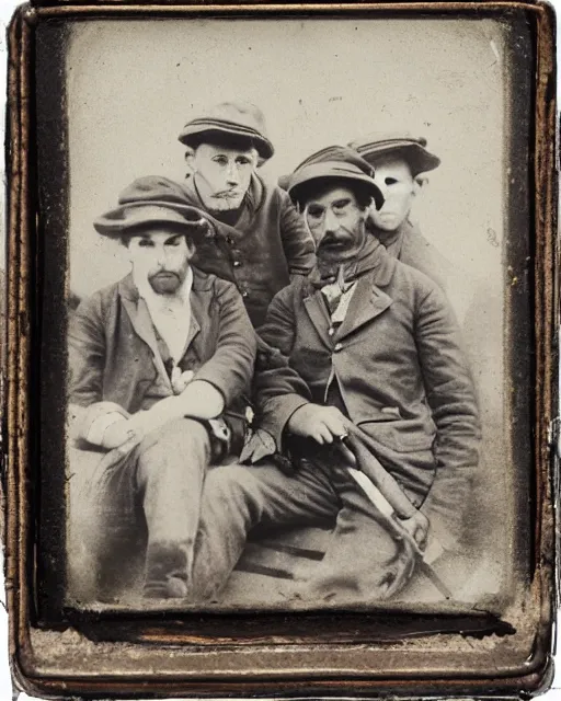 Image similar to tintype of four 19th century sailors stranded at sea in a small rowboat, photorealistic