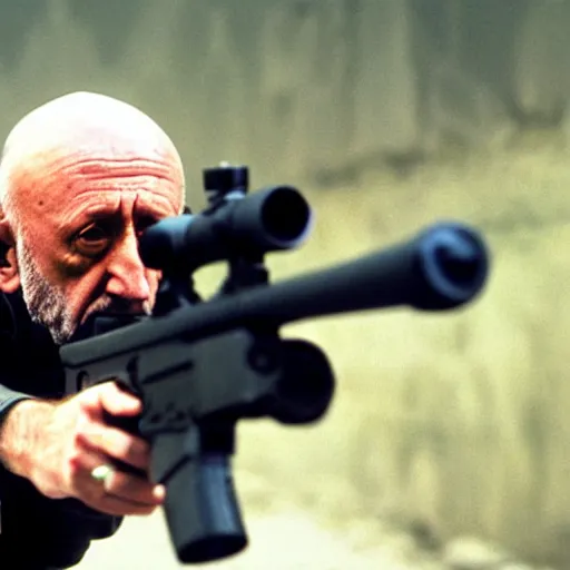 Prompt: Film still of Mike Ehrmantraut aiming with a !!!!!sniper rifle!!!!!, 4k, !!!!highly detailed!!!!
