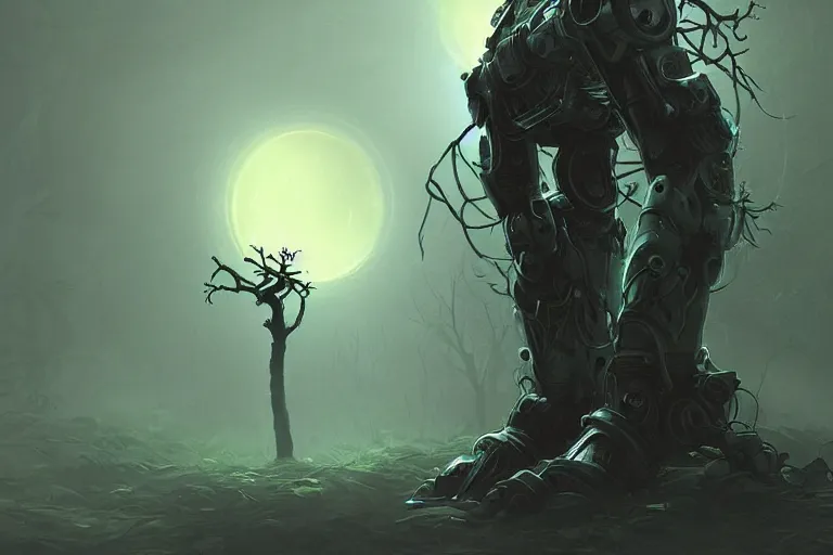 Image similar to a robotic tree humanoid, cute, dark fantasy, foggy, misty, ambient lights, dark lights, moon glow, digital art, video game character, league of legends, glows,