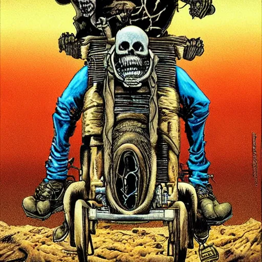 Image similar to richard corben style album cover artwork painting of ghost rider skeleton on a motorcycle