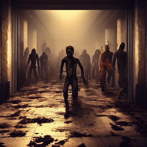 Image similar to “ horde of zombies running through a narrow hallway, bloody, hyper realism, moody lighting, 4 k ”